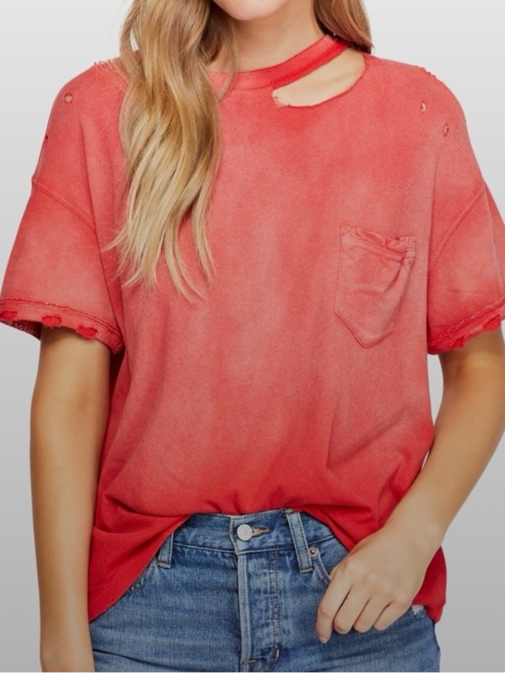 We The Free Free People Ombre Distressed Pocket Tee Shirt